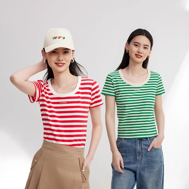 EP YAYING雅莹 薄荷曼波绿条纹圆领修身套头衫 新品5347A