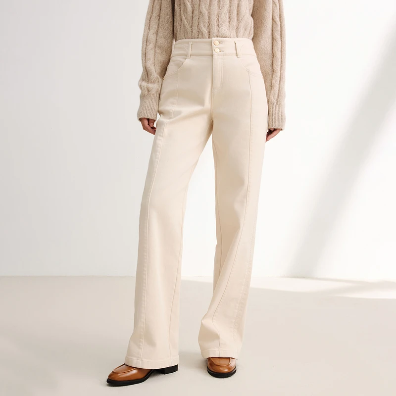 EP雅莹女装 白色直筒裤 长绒棉山羊绒混纺糯米裤 秋新款J613A