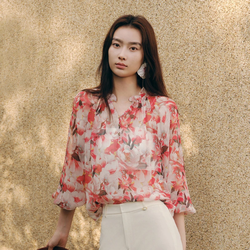 [真丝系列]EP雅莹女装 花瓣领桑蚕丝印花衬衫 秋冬新品2319A