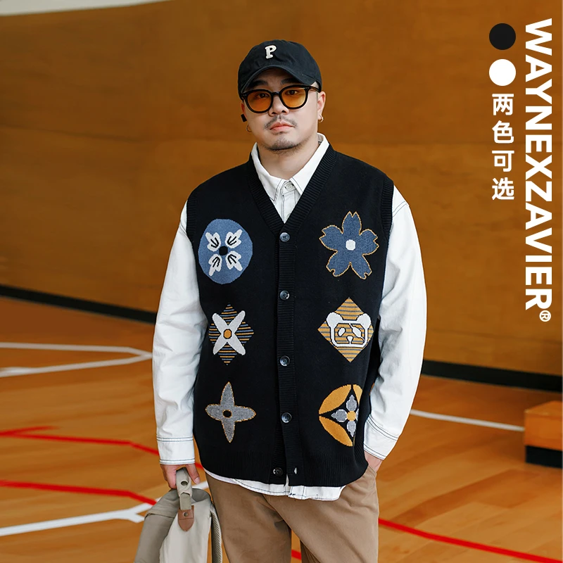 大码针织马甲男宽松加肥加大民族风图案v领毛衣开衫8895