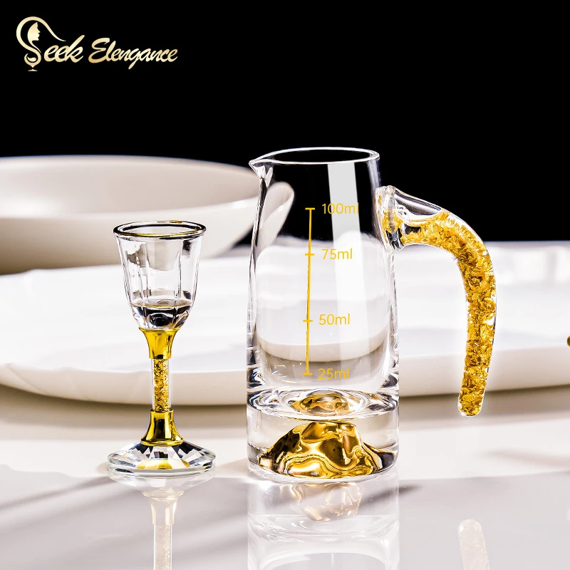 家用金箔白酒杯小酒杯一口杯高脚杯 100ml水晶分酒器酒店饭店批量