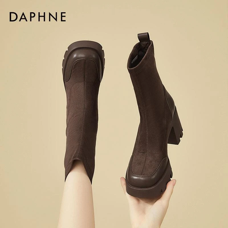 达芙妮时尚短靴女靴子2025新款粗跟春秋单靴瘦瘦靴高跟鞋马丁靴女