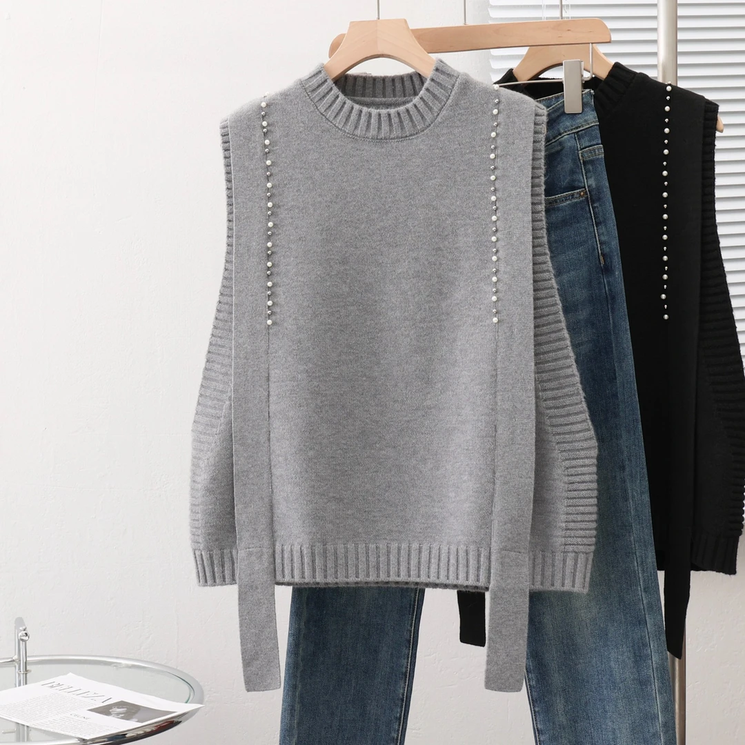 钉珠圆领套头针织马甲背心五金女孩季新款宽松洋气叠穿毛衣坎肩冬