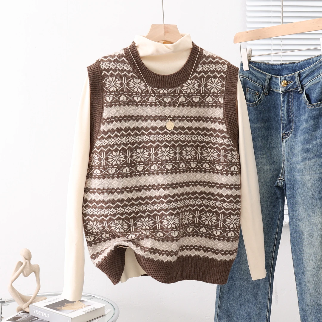 复古提花圆领针织马甲女秋冬外穿2025新款超好看叠穿宽松毛衣背心