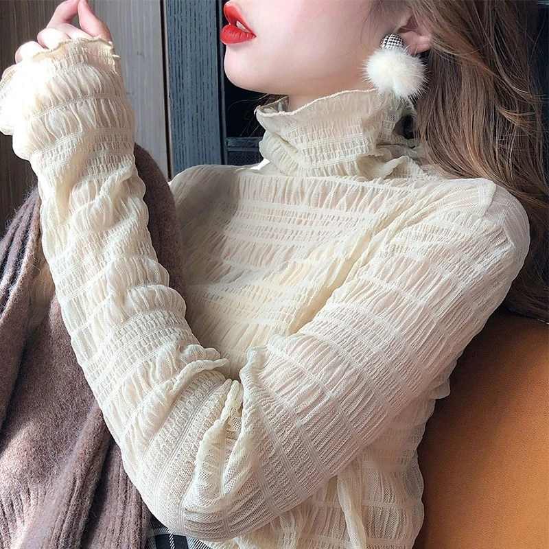 神仙内搭雪纺打底衫女秋冬季洋气韩版长袖薄款半高领网纱蕾丝上衣
