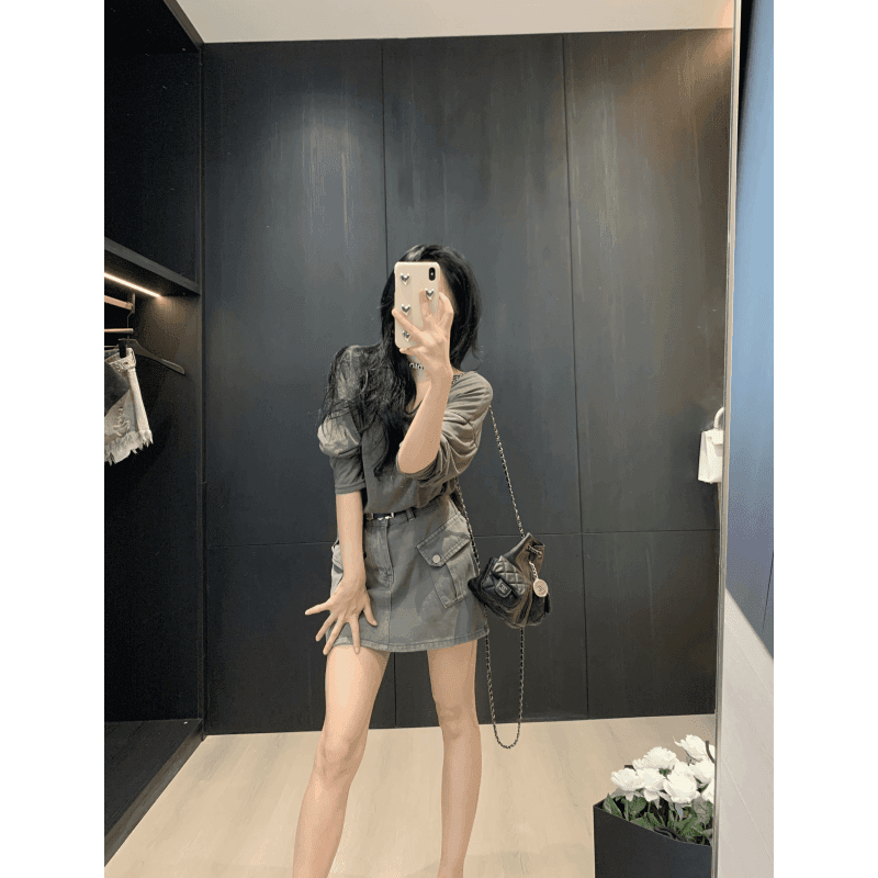 夏季新款简约设计感套装时尚气质小众纯色T恤工装半身裙套装羅