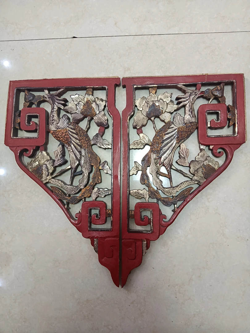 清，溜银工艺木雕凤参牡丹一对