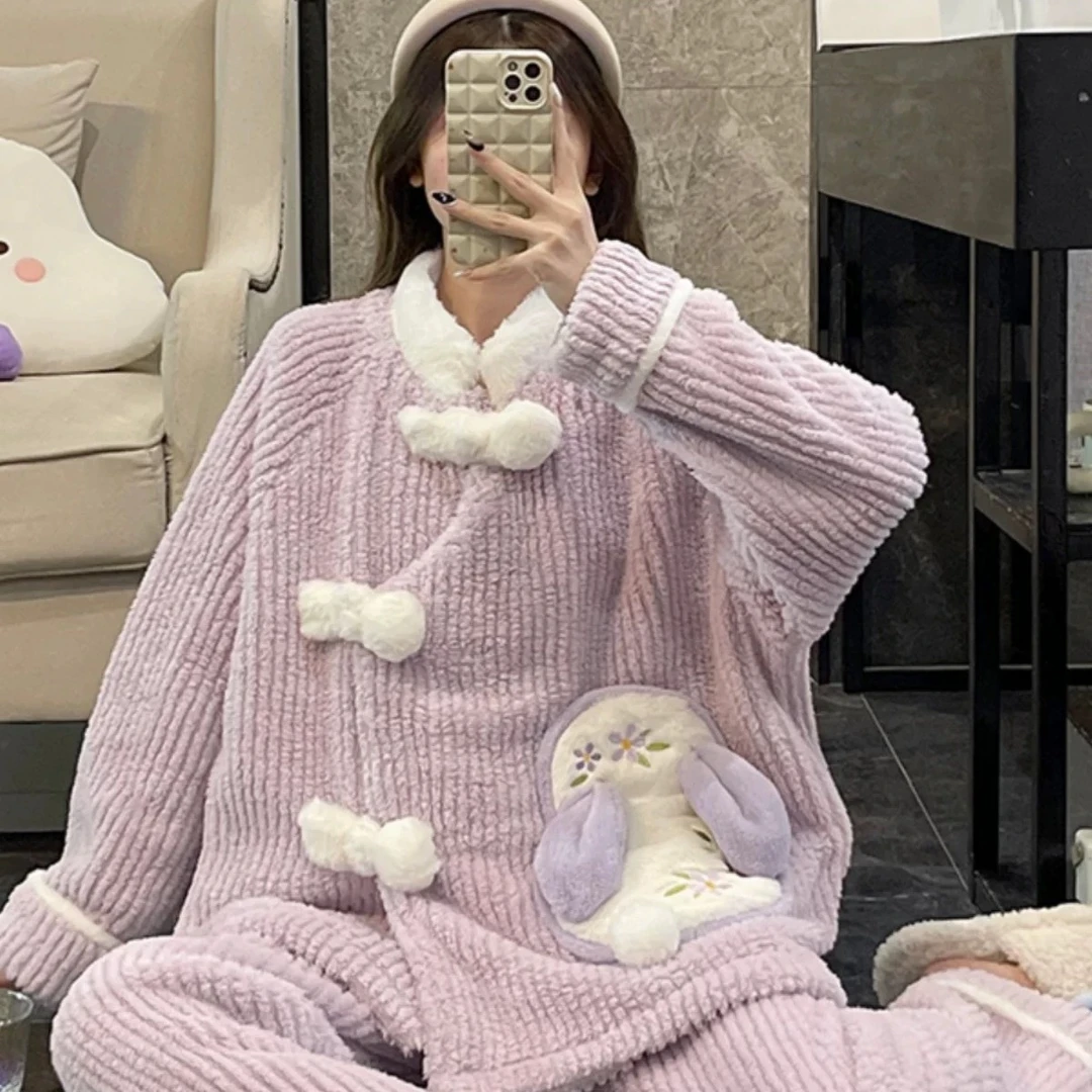 睡袍卡通睡衣女2026年秋冬季珊瑚加绒加厚卡通少女家居服套装