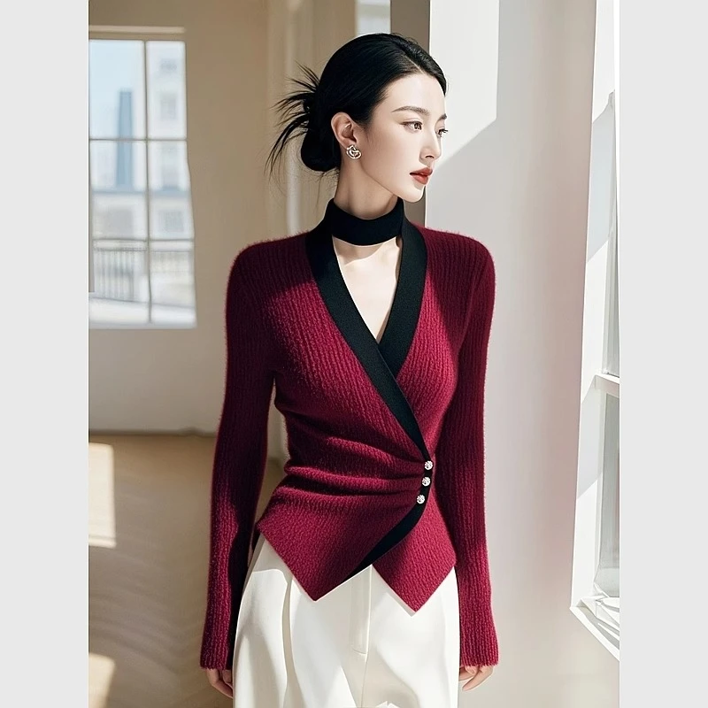 安可拉红色针织衫2024年冬高级感超好看气质设计感毛衣裤子套装