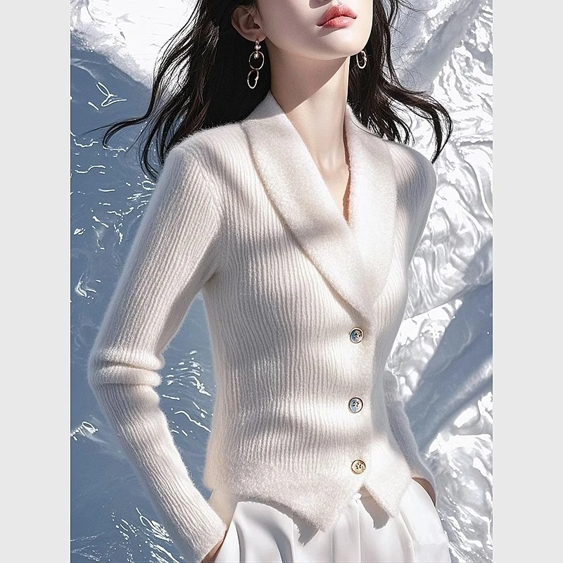 韩系chic白色加厚毛衣女款冬季2024小香风高级感针织上衣裤子套装