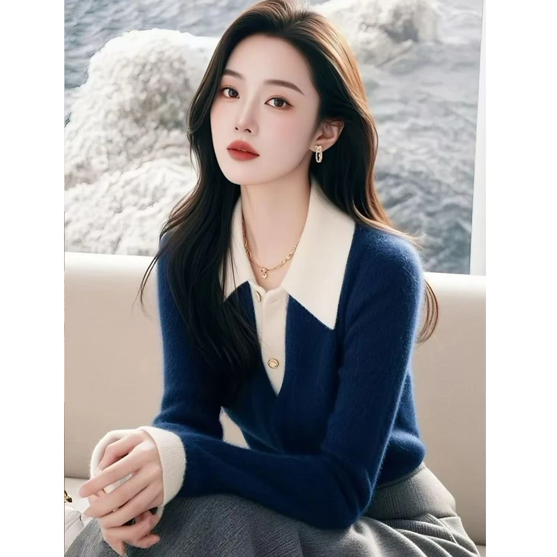 2024秋冬季内搭独特别致气质上衣蓝色拼接毛衣polo领针织打底衫女