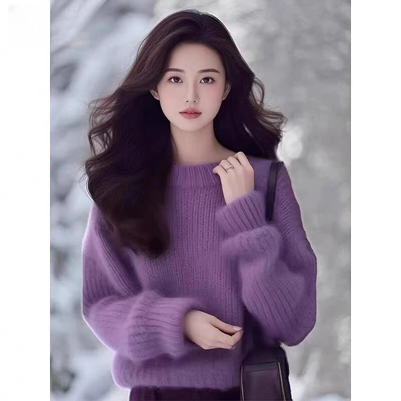 复古氛围感紫色圆领针织毛衣女慵懒风宽松百搭独特漂亮初秋上衣服