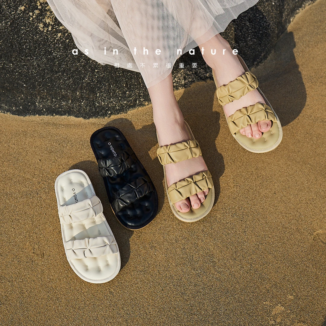 青婉田平底拖鞋女外穿2025新款夏季褶皱高级感凉鞋气质百搭一字拖