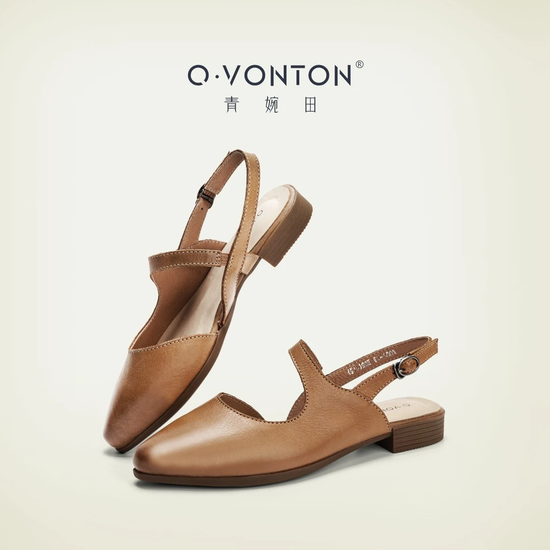 青婉田真皮手工粗跟凉鞋女2023新款法式罗马凉鞋女夏配裙子单鞋女