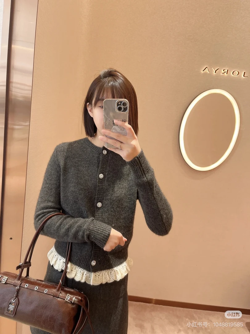 小香风撞色花边针织开衫女2024秋季新款宽松显瘦百搭毛衣外套上衣