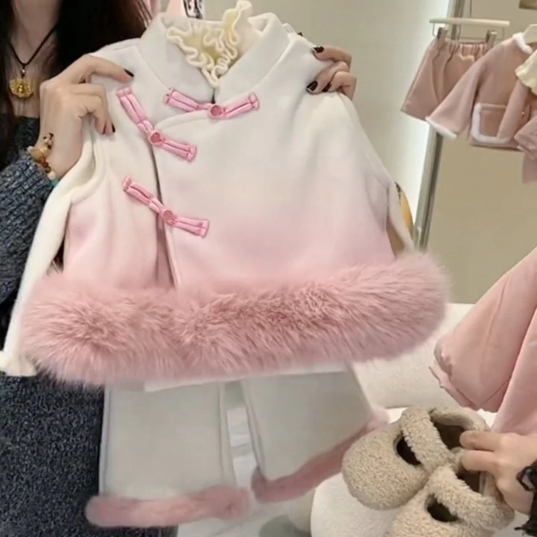 新中式童装女童渐变色呢子旗袍马甲秋冬新款女中小童毛呢背心潮流
