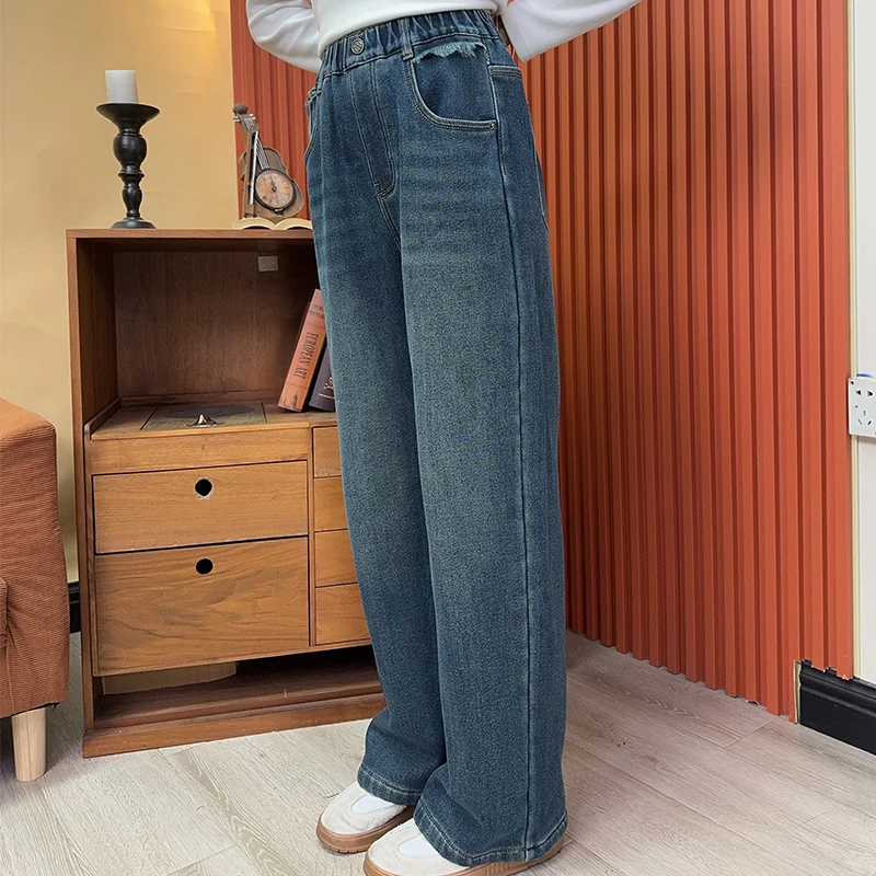 2024年新款少女冬装直筒裤子加厚宽松初高中学生加绒牛仔裤女冬季