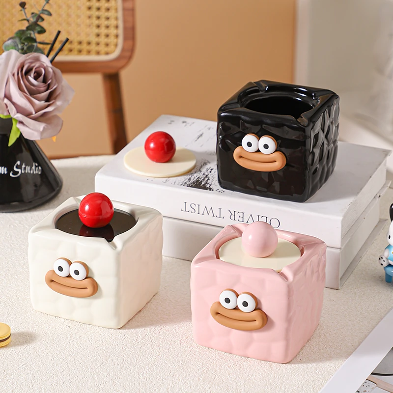 可爱创意烟灰缸家用奶油风客厅陶瓷烟盅带盖防飞灰高级感烟缸轻奢