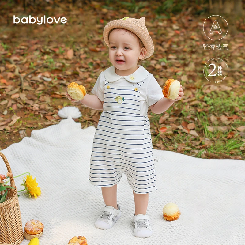 babylove婴幼儿休闲背带短裤连体短袖套装夏季薄款宝宝轻薄透气