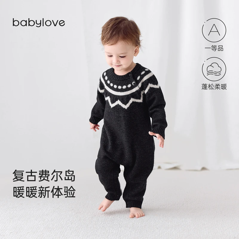 babylove婴儿连体衣秋冬款毛织哈衣针织宝宝毛衣北极绒保暖复古