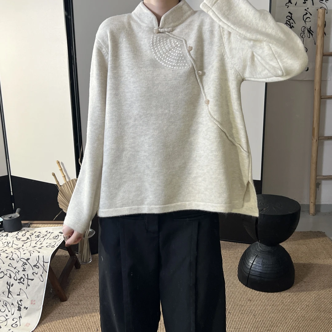 走读生冬季新款新中式立领套头斜襟刺绣珠扣厚实软糯毛衣内搭女