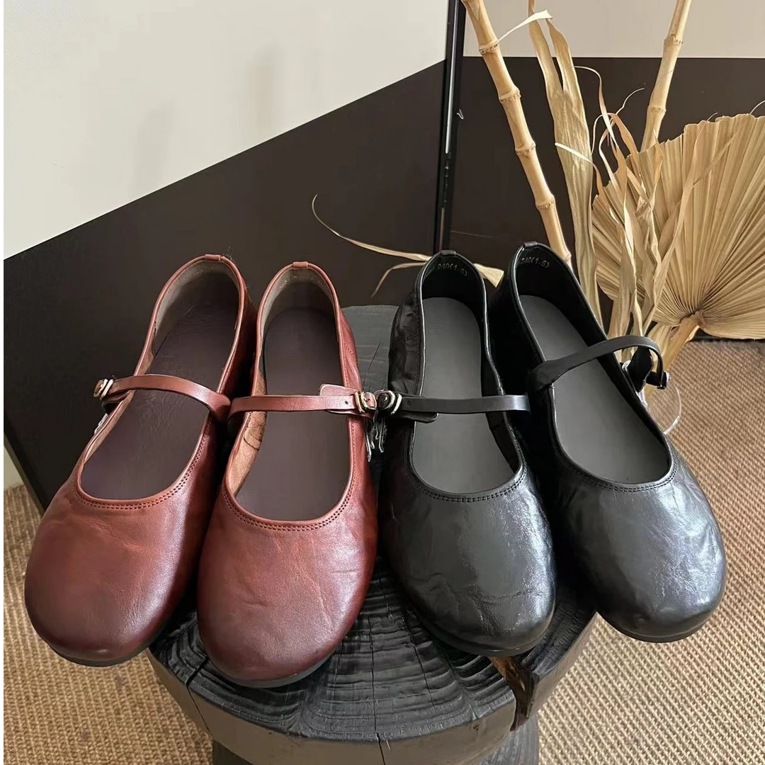 走读生平底单鞋女夏2024新款圆头牛皮百搭软底舒适鞋子