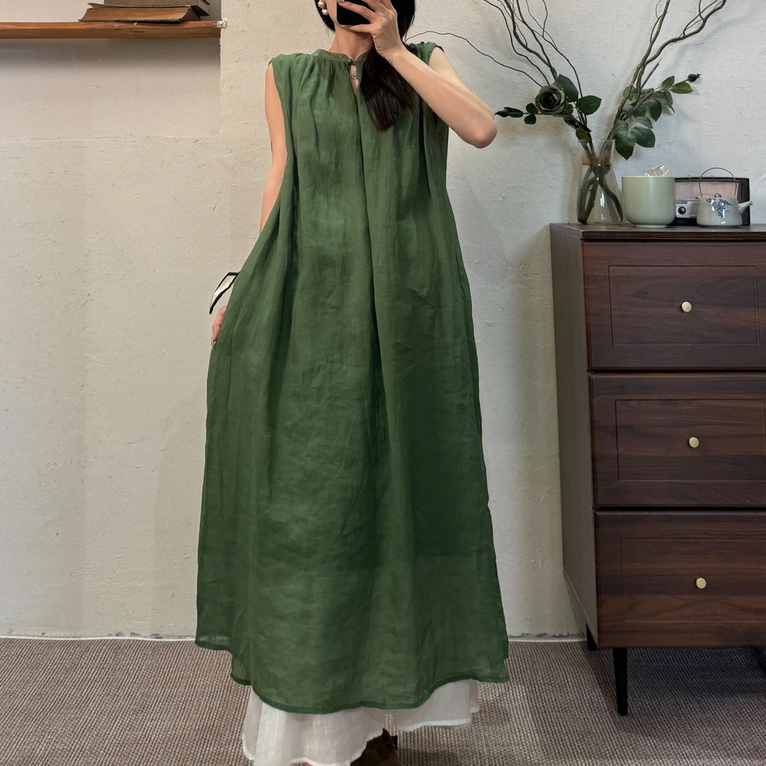 【亦加】100%苎麻 早春新款禅意风双层带内衬款蝴蝶结后绑带连衣裙
