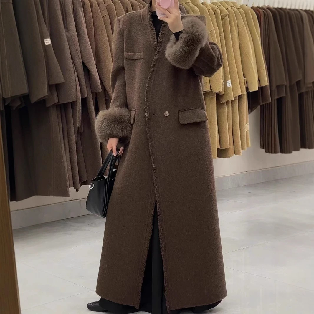 2025秋冬狐狸毛高级设计感毛边v领双面羊毛大衣长款垫肩毛呢外套