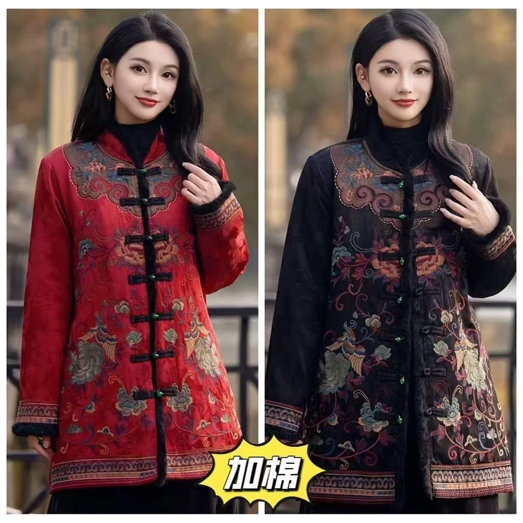 （鸾凤和鸣）冬季夹棉新中式国风民族风重工刺绣缎面中长款棉衣棉服