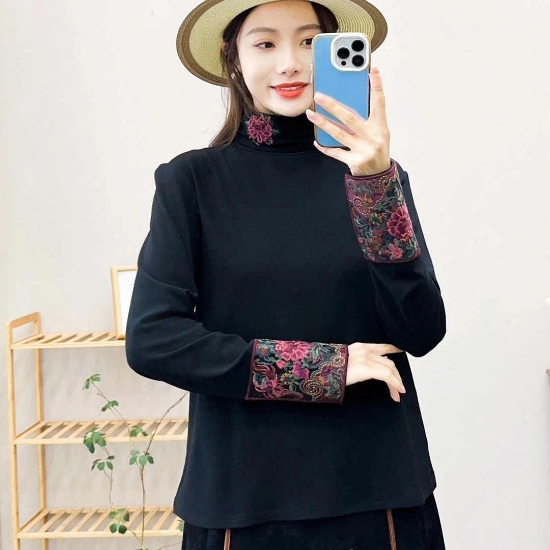 （沉鱼落雁）新款民族风重工绣花显瘦气质百搭棉质磨毛打底衫T