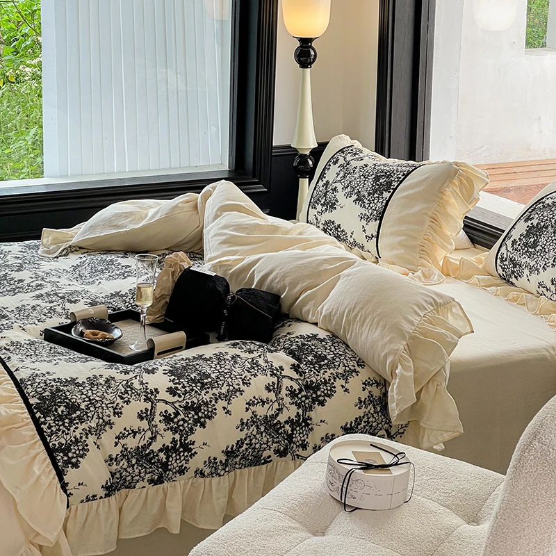 【岱梓棉-黑森林】新款全棉双层纱复古印花荷叶边四件套