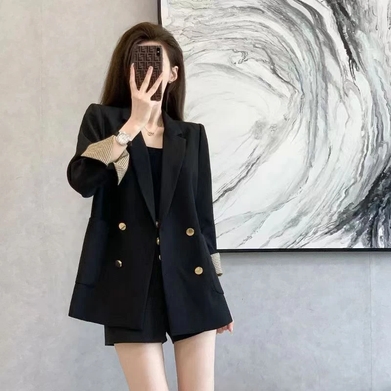 黑色西装外套女春秋冬新款韩版宽松翻袖时尚简约通勤双排扣西服潮
