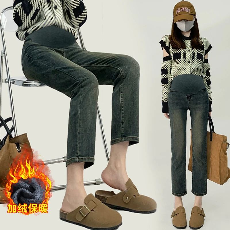 孕妇牛仔裤秋冬时尚复古外穿弹力显瘦烟管裤加绒加厚休闲直筒裤