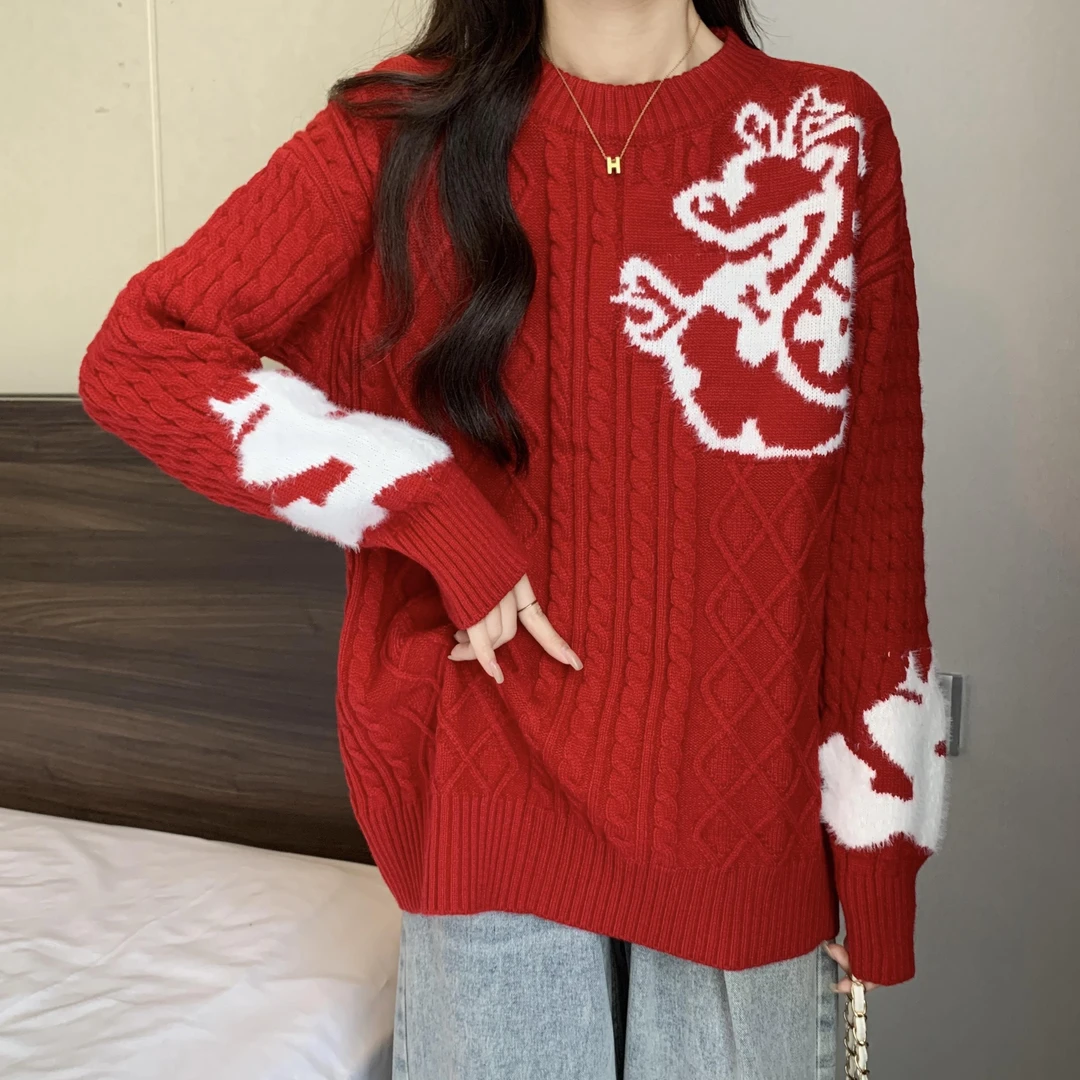 孕妇毛衣秋冬款红色本命年上衣女外穿时尚洋气减龄宽松加厚针织衫