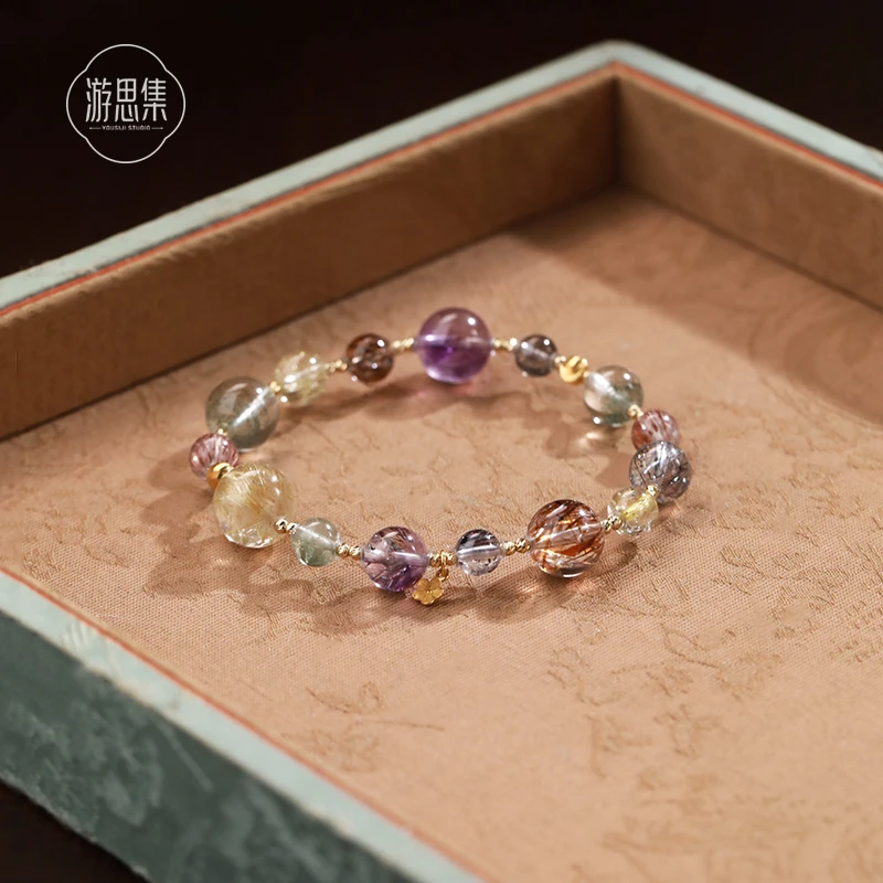 柳春序手串天然水晶18k金多宝超七发晶绿幽灵水晶贵气珠宝