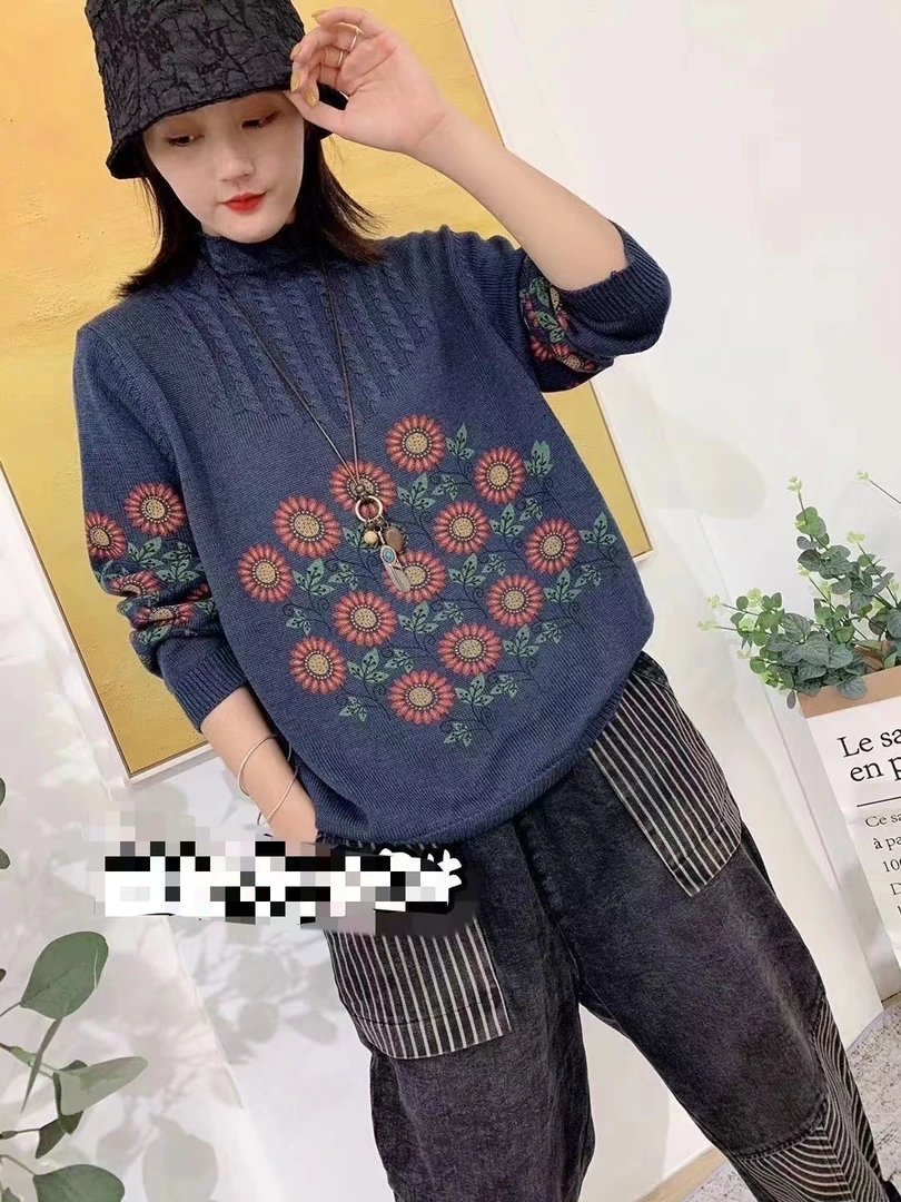 6905#秋冬新款太阳花长袖半高领针织衫