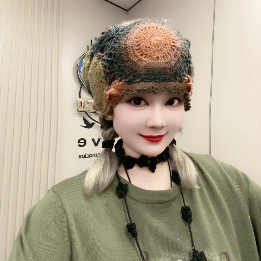单层彩花森系手工编织镂空单元花帽