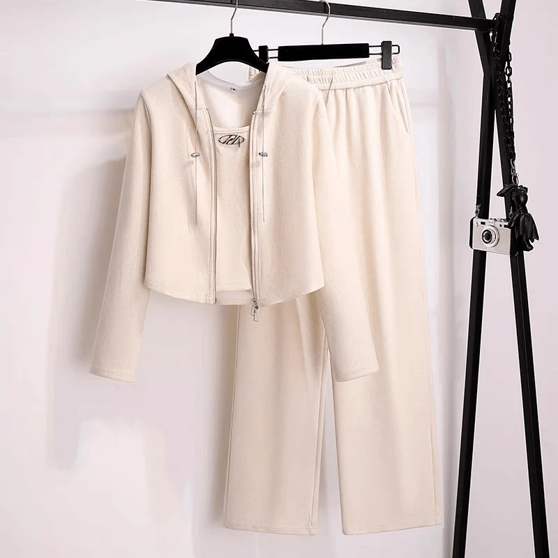 【仟媛】1658#（衣45裤103）休闲运动连帽外套阔腿裤洋气减龄三件套