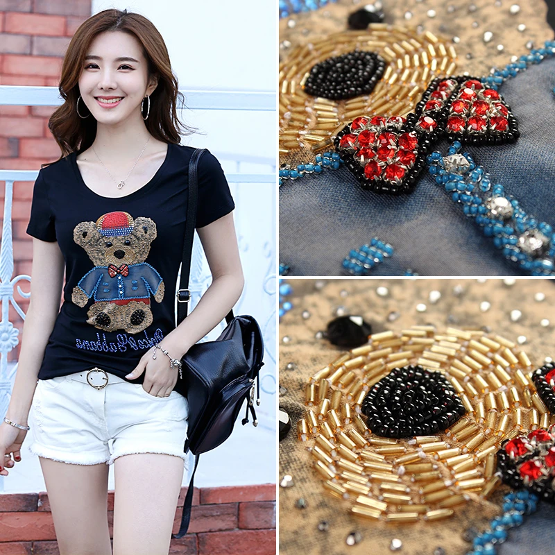 欧洲站重工小熊欧货T恤纯棉短袖修身短款洋气有带图案的打底衫女