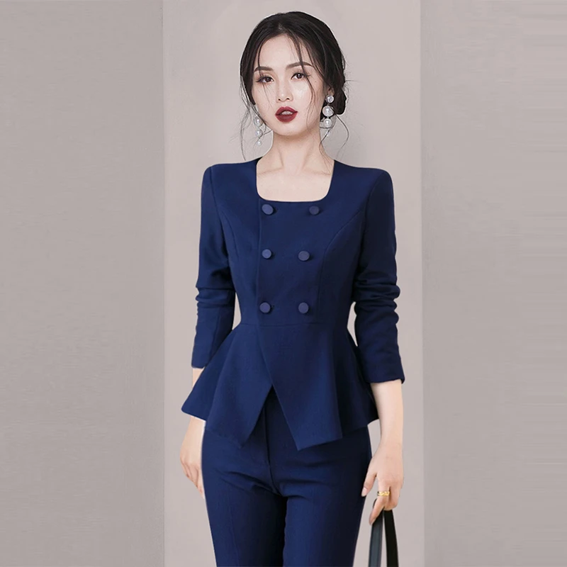 OL职业方领套装女2023早秋新款遮肚子显瘦高级感通勤工作服两件套