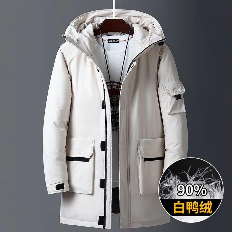 鸭鸭羽绒服男中长款外套2023冬季新款时尚潮流加厚纯色连帽白鸭绒