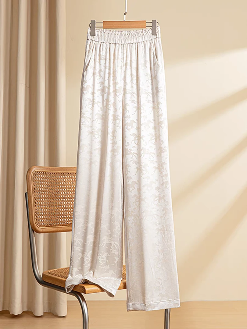 新中式国风复古垂感直筒休闲裤女秋冬加绒高级感宽松缎面阔腿裤子