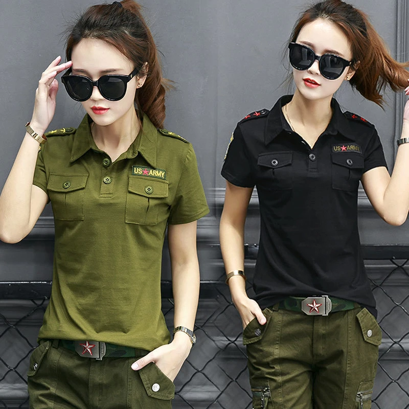 迷彩服女装短袖夏季新款翻领t恤水兵舞大码女士上衣运动休闲半袖