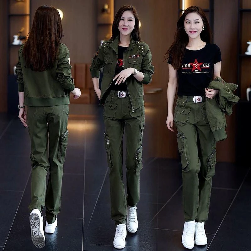 迷彩服减龄外套女春秋季工装多口袋户外运动休闲套装登山水兵舞服