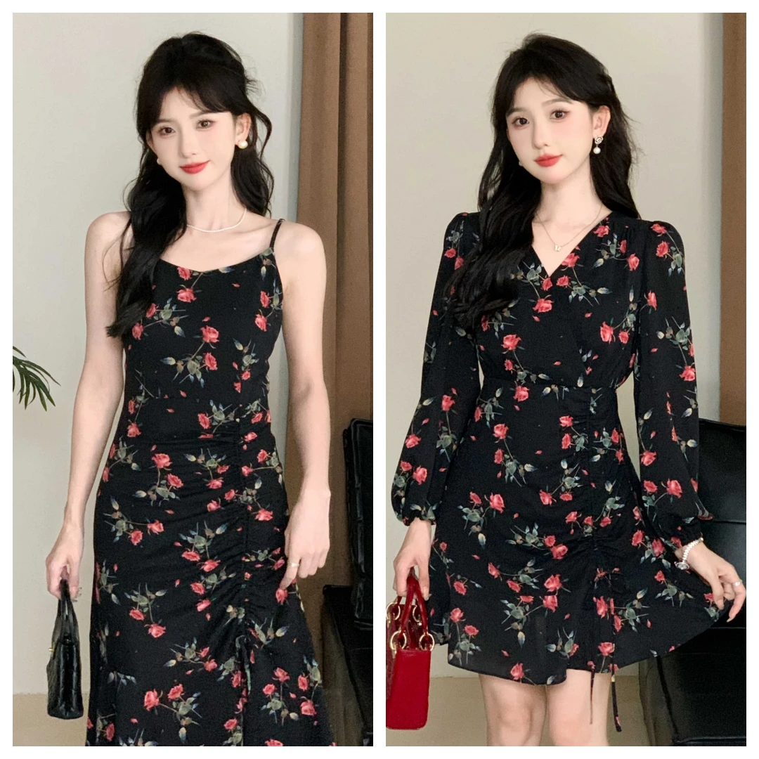 SHAOE清仓专场【刺玫瑰】连衣裙女黑色玫瑰印花荷叶边裙摆女装