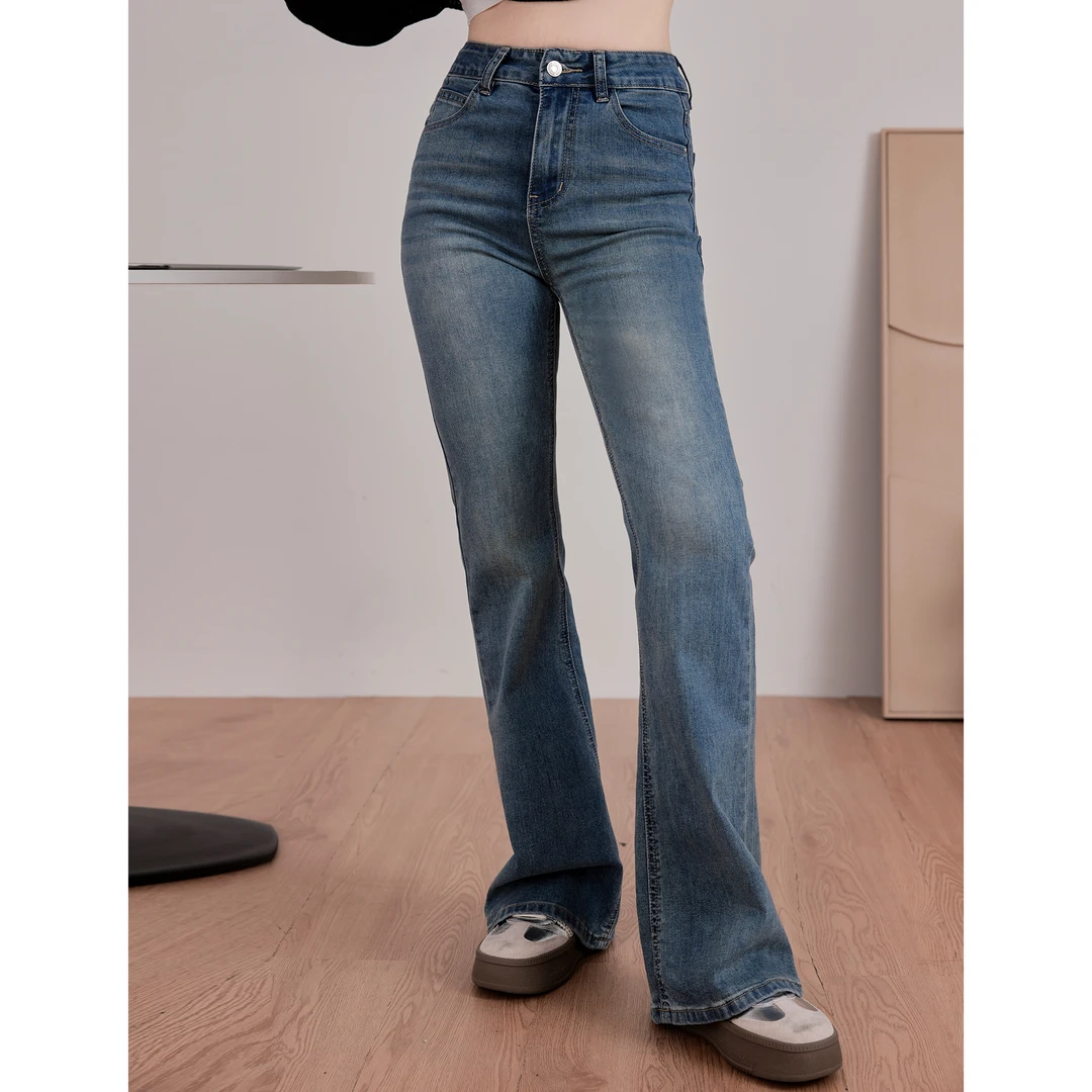 凯哥福利【腿精少女】复古蓝高腰弹力修身显瘦微喇裤JKZQ1704