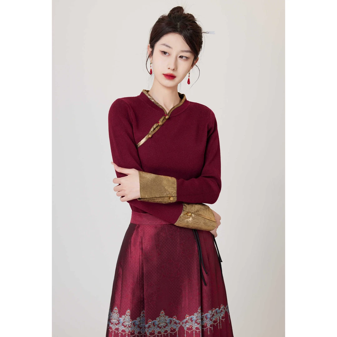 SHAOER【华影】新中式针织衫冬黑色长袖内搭盘扣上衣