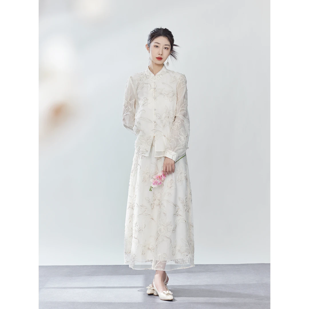 SHAOE清仓专场【梨落茶园】2024女春新款国风立体绒花套装两件套