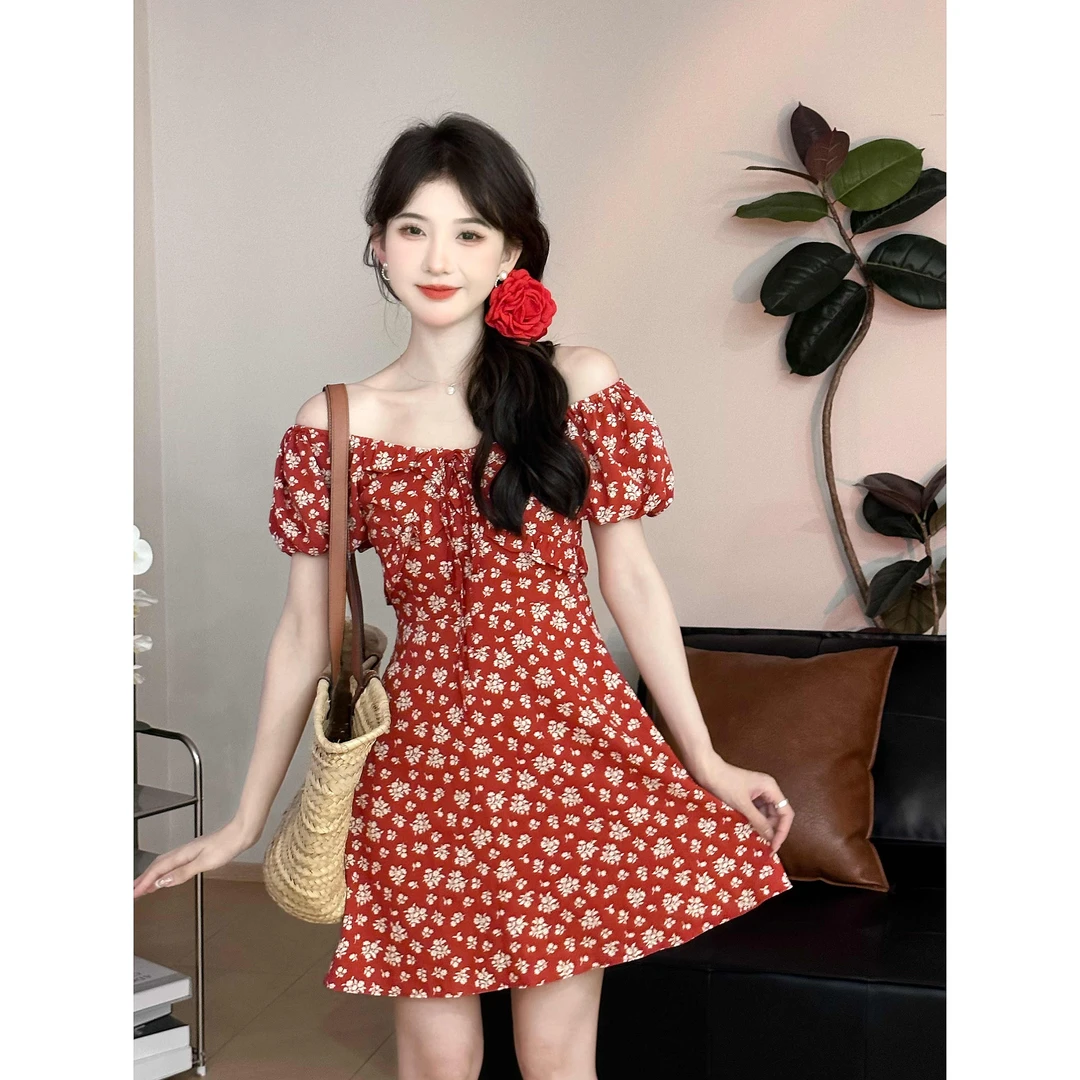 SHAOE清仓专场【迷途花径】红色碎花高腰显瘦一字荷叶边连衣裙女