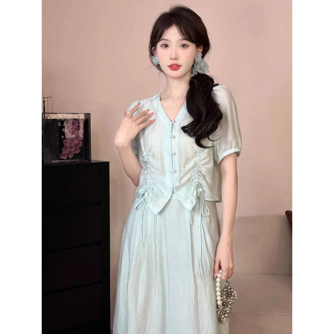 SHAOE清仓专场【夏日微光】蓝色雪纺套装女减龄泡泡袖显瘦两件套